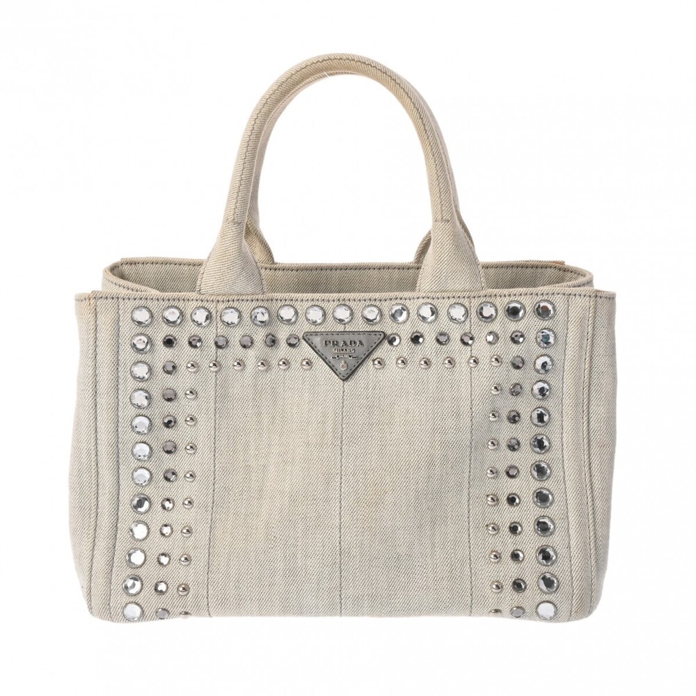Prada Tote Bianco Rhinestones Denim White Canapa Handbag - Picture 2 of 11